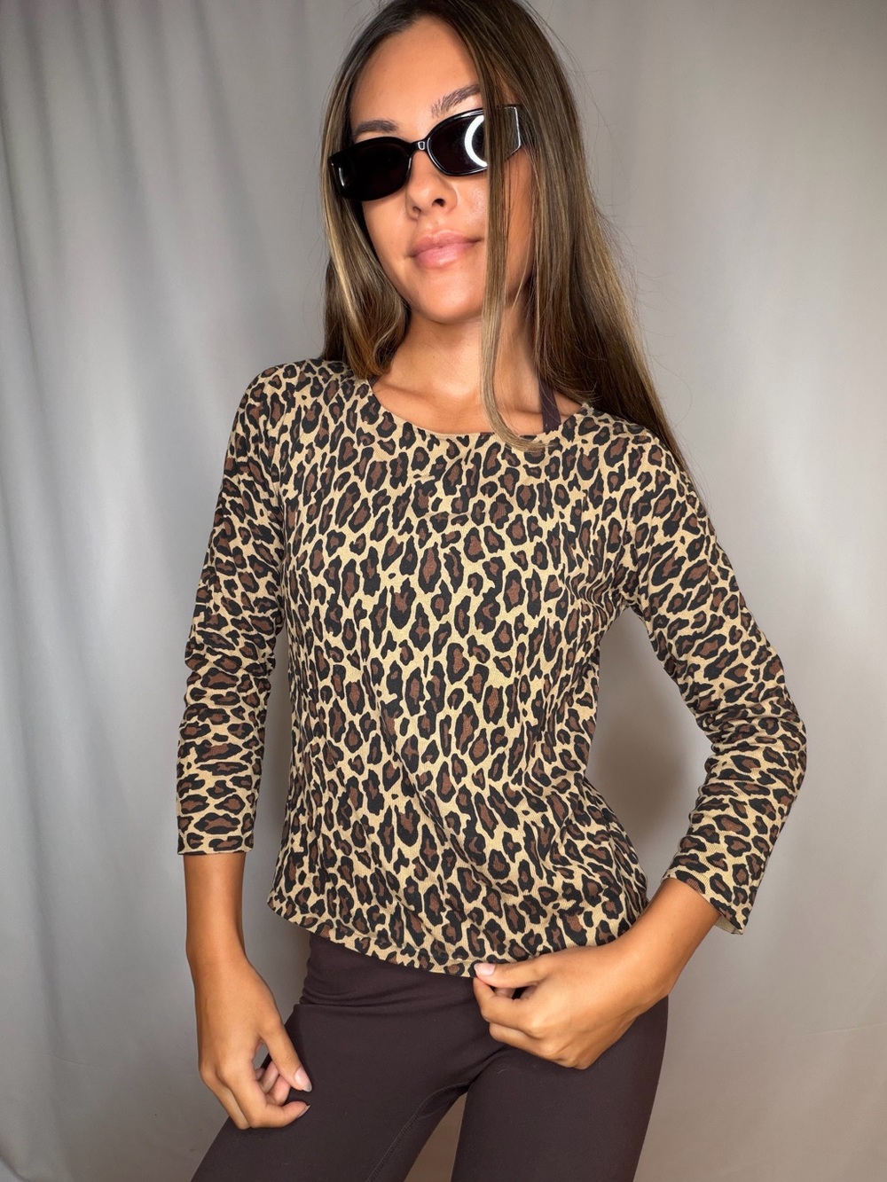 Jones New York Leopard Print Long Sleeve Top - Brown/Tan